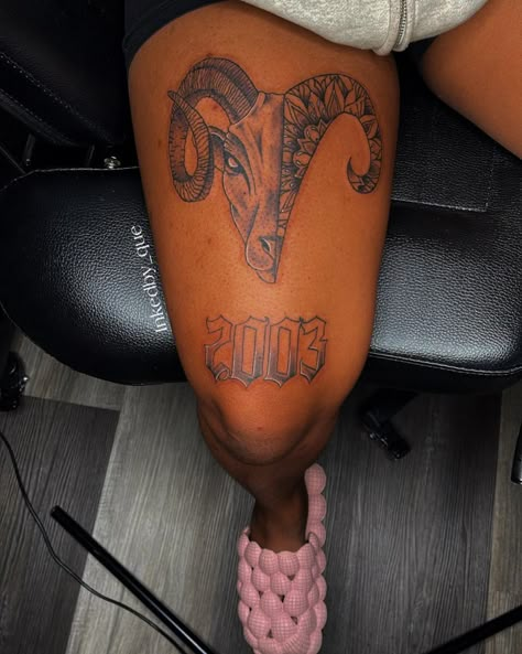 Aries Tattoo Black Women, Women Tattoos Stencil, Capricorn Tattoo Black Women, Taurus Leg Tattoo, Big Thigh Tattoos, Taurus Tattoo For Women, Black Women Tattoos, Legs Tattoos, Men Streetwear Outfits