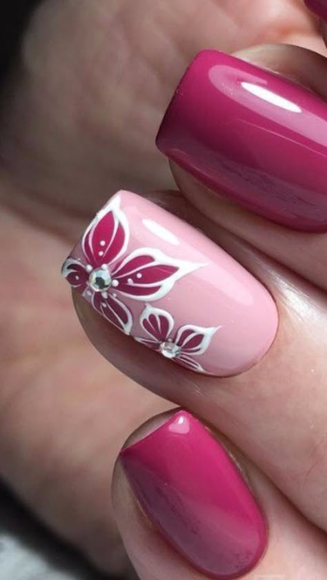 Rose Floral Fuschia Nail Enamel Designs Cute Nail Colors, Fingernail Designs, Finger Nail Art, Floral Nail Art, Best Nail Art Designs, Nail Swag, Cute Diy, Pretty Nail Art, Beautiful Nail Art