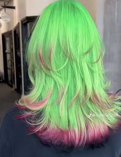 Green And Pink Hair Aesthetic, Hair With Pink Tips, Pink Green Hair, Pink And Green Hair, Lime Green Hair, Watermelon Hair, Neon Green Hair, Pink Tips, Hair Colours