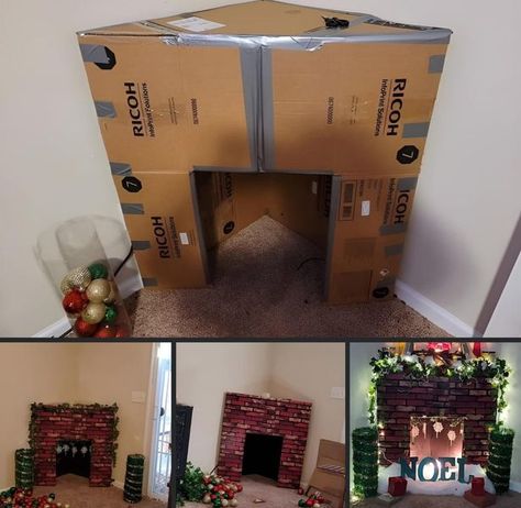 Homemaking Tips | My wife and I built this fireplace from scratch out of cardboard | Facebook Diy Mantel Fireplace Cardboard, Cardboard Chimney Diy, Fake Fireplace Ideas Diy Cardboard, Diy Fireplace Cardboard, Diy Fake Fireplace Cardboard, Cardboard Fireplace Diy, Diy Mantel Fireplace, Diy Fake Fireplace, Faux Fireplace Diy Cardboard