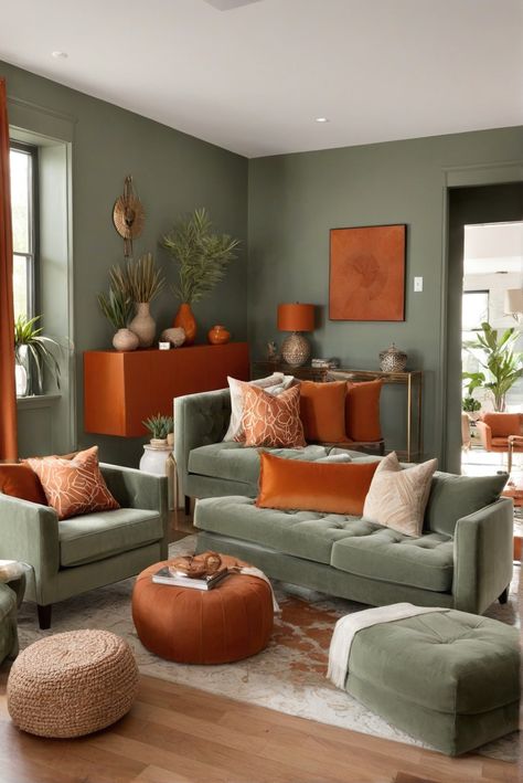 Can I Create an Oceanic Oasis? Sage Green and Burnt Orange Living Room Spectacle [2024] #Ad #homedecor #homedesign #fixhome #Painthome #interiorarchitecture Green Room Orange Sofa, Brown And Green Boho Living Room, Green Mustard And Burnt Orange, Green Grey And Rust Living Room, Green And Orange Furniture, Sage And Burnt Orange Living Room, Green Sofa Orange Cushions, Orange Green Home Decor, Burnt Orange And Sage Green Home Decor