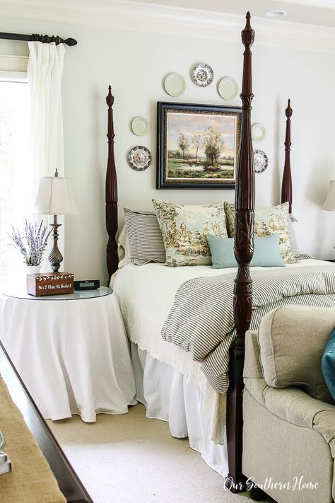 French Farmhouse Bedroom, Laura Ramsey, Ticking Stripe Bedding, Stripe Bedding, Stylish Bedroom Design, Cozy Fall Bedroom, French Country Bedrooms, House Cottage, Farmhouse Bedding