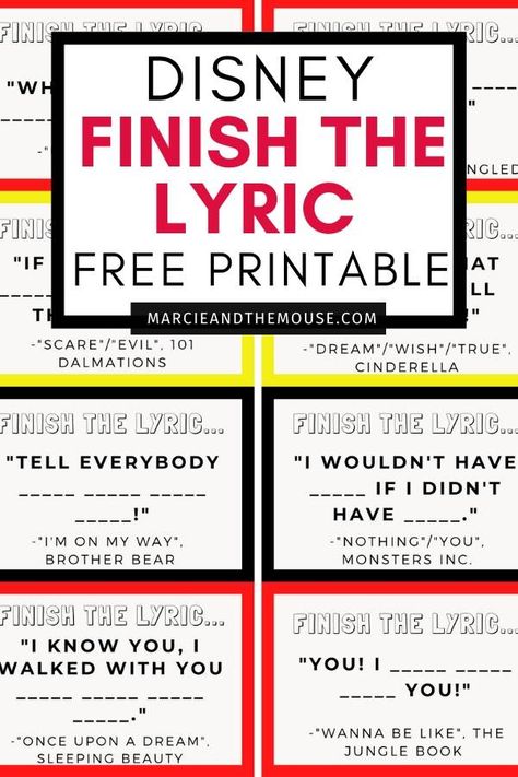 Disney Scattergories Lists, Disney Channel Games Party, Disney Charades, Disneyland Games, Finish The Lyrics Game, Disney Party Games, Disney Printables Free, Quiz Disney, Disney Lyrics