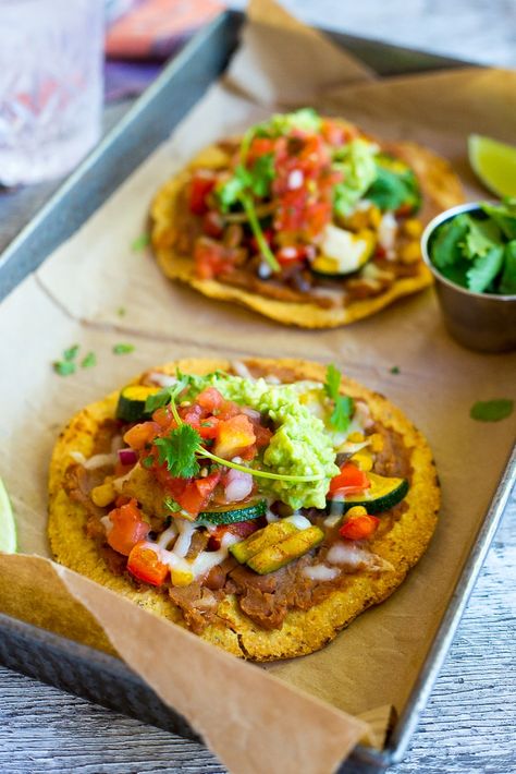 30-Minute Summer Vegetable Tostadas - She Likes Food Healthy Vegetarian Meal Plan, Tostada Recipes, Healthy Mexican Recipes, Vegetarian Meal Plan, Fall Dinner Recipes, Summer Vegetable, Vegetarian Meals, Entree Recipes, Vegetarian Recipes Dinner