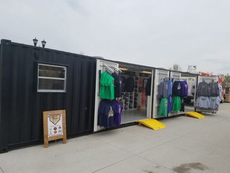 Container Merchandise Store Pop Up Shop Shipping Container Clothing Store, Shipping Container Retail Store Designs, Shipping Container Retail Store, Shipping Container Store, 40ft Container Shop Design, Sea Can Garage Shipping Containers, Converted Shipping Containers, Shipping Container Conversions, Spa Store