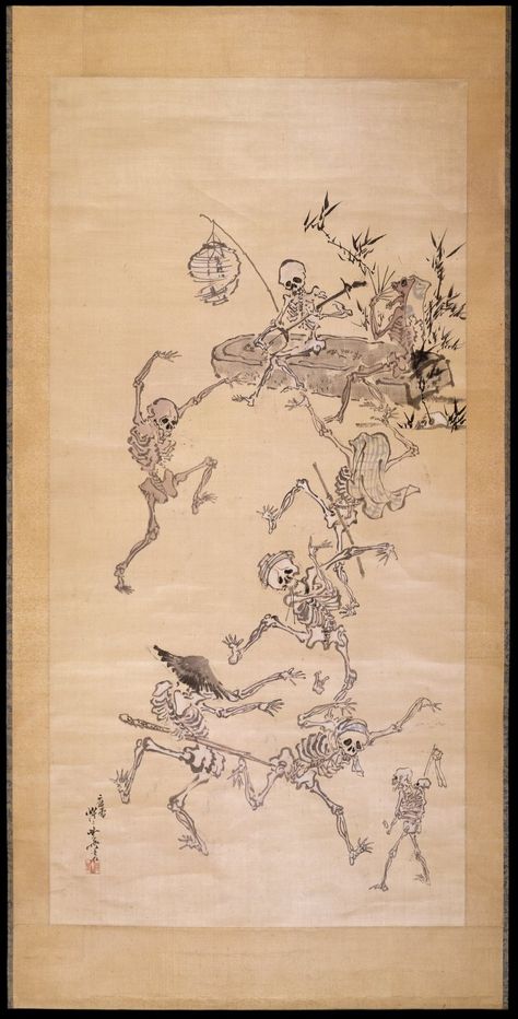 Kawanabe Kyosai (1871-89) Hanging Scroll: Skeletons Haunted Art, Kawanabe Kyosai, Skeletons Dancing, Friends Dance, Painting Japanese, Monster Ideas, Japanese Stuff, Japanese Monster, Awesome Artwork