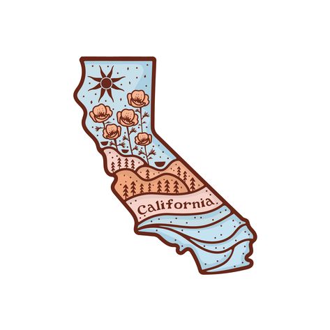 California Dreams - Vinyl Sticker California Drawing Ideas, California Doodle, California Graphic Design, Marine Stickers, California Drawing, California Stickers, California State Outline, California Outline, California Illustration