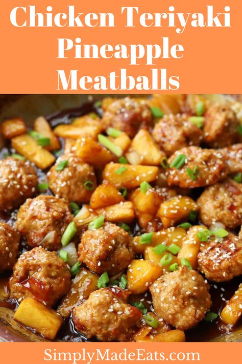 Chicken meatballs in teriyaki sauce with pineapple and chives. Chicken Pineapple Meatballs, Pineapple Teriyaki Chicken Meatballs, Chicken Teriyaki Meatballs, Teriyaki Pineapple Meatballs, Meatballs With Pineapple, Chicken Hoisin Sauce, Teriyaki Pineapple, Pineapple Meatballs, Asian Chicken Meatballs