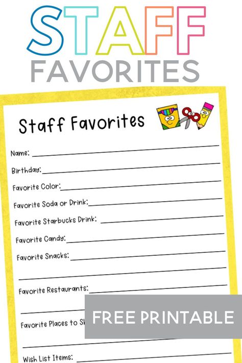 Staff Favorites Sheet, Staff Information Sheet, Favorite Things Teacher Printable, Staff Likes Survey, Staff Favorites Questionnaire, Just A Few Of Your Favorite Things Form, Teacher Favorites List, Staff Questionnaire Favorite Things, Teacher Information Sheet For Gifts