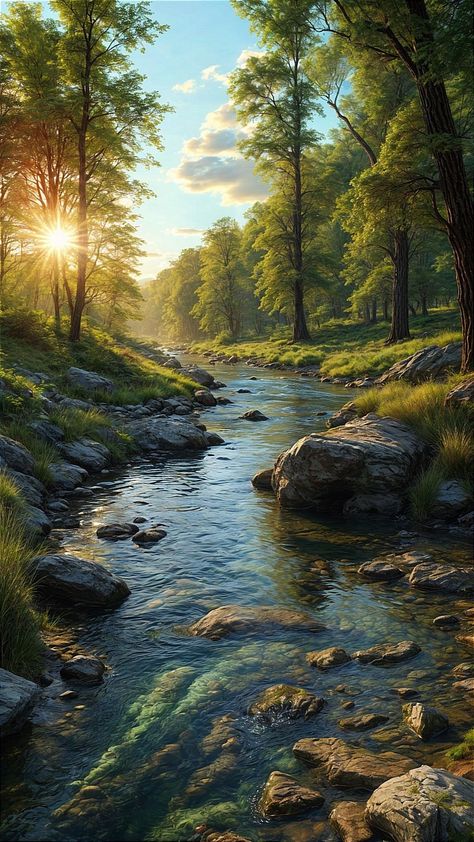 Flowing Water Painting, Flowing Water Wallpaper, Skipping Rocks, Painting Poppies, Forest Stream, Serene Forest, Flowing River, Landscape Photography Nature, Landscape Art Painting