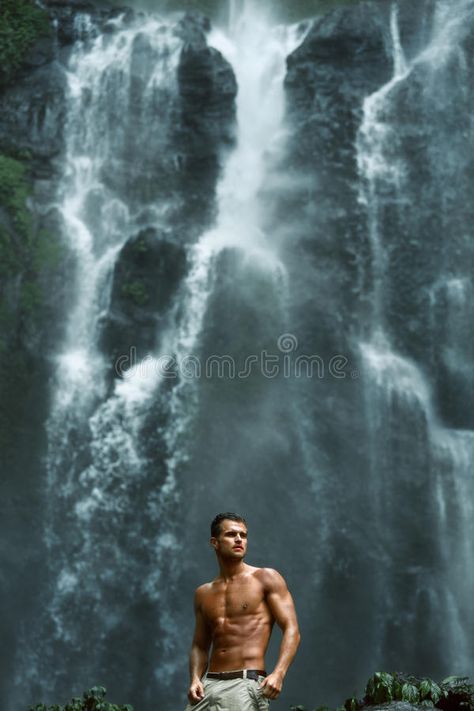 Man In Water, Waterfall Photoshoot Ideas Men, Male Water Photoshoot, Poses Near Waterfall Men, Man Diving Into Water, Medieval Symbols, Healthy Man, Male Portrait Poses, Bike Photography