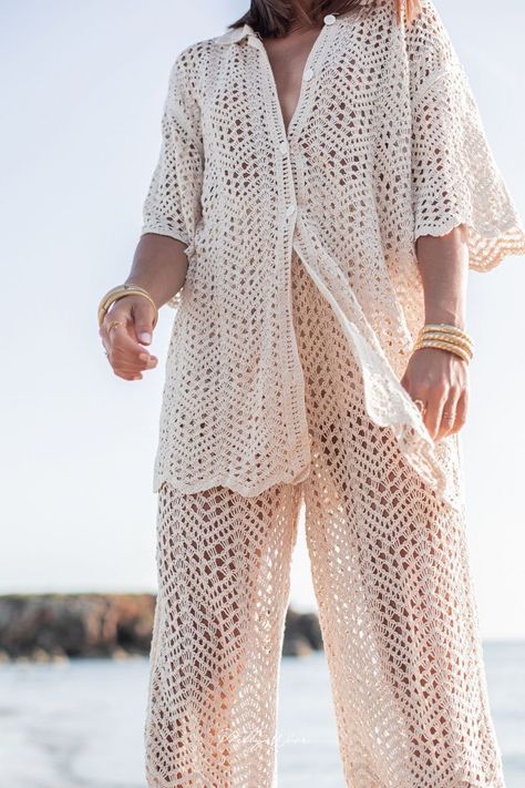 Crochet Top Dress, Gilet Crochet, Crochet Pants, Crochet Cord, Beige Outfit, Crochet Cover Up, Crochet Fashion Patterns, Crochet Set, Modern Crochet