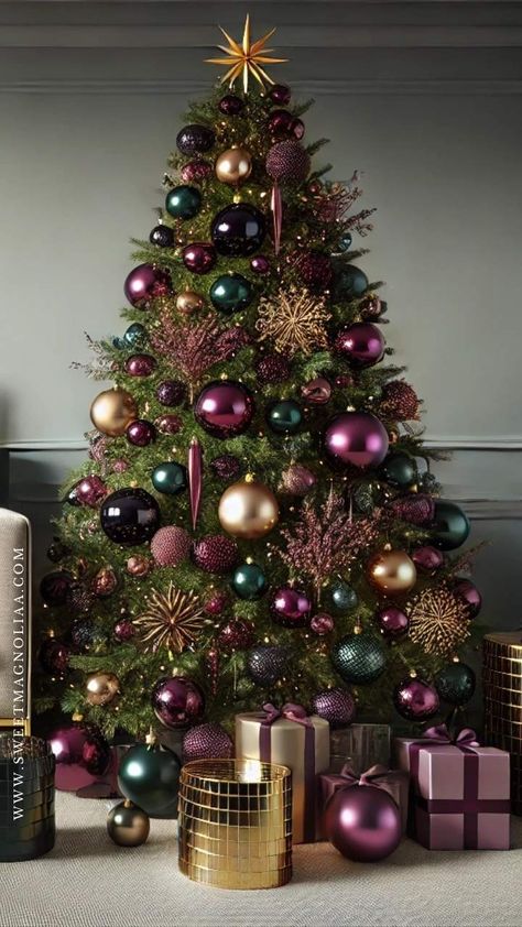 50+ Christmas Tree Ideas to Make Your Holidays Sparkle | Merry Christmas Wallpaper - Sweet Magnoliaa Purple And Rose Gold Christmas Tree, Giant Christmas Tree Ornaments, Purple Green Christmas Tree, Purple Silver Christmas Tree, Fairy Forest Christmas Tree, Wicked Inspired Christmas Tree, Chartreuse Christmas Tree, Purple Decorated Christmas Tree, Fairy Themed Christmas Tree