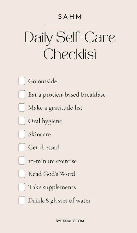 As a mom, do you find yourself unmotivated often or in a rut? Here is a daily checklist of tasks to make sure that you are taking care of your physical, mental, and spiritual self, so that you can be the wife and mama you want to be.      Mom self-care, self care checklist, self care ideas for busy moms Mom Content Ideas, Physical Self Care Checklist, Glowup Checklist, Basic Self Care Checklist, Self Care Schedule Monthly, Self Care Checklist Monthly, Selfcare Checklist, Self Care Checklist Daily Weekly Monthly, Self Care For Busy Moms