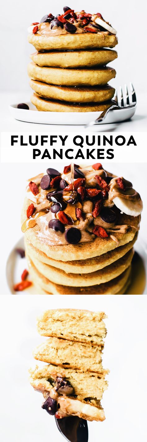 The best light fluffy quinoa pancakes! So easy—just 6 ingredients and made in the blender. If you've never tried quinoa flour, start with this breakfast! #vegan #breakfast #veganrecipe #glutenfree #healthy #recipe via @Natalie | Feasting on Fruit Quinoa Pancakes Vegan, Healthy Vegan Dessert, Quinoa Pancakes, Fluffy Quinoa, Feasting On Fruit, Quinoa Flour, Breakfast Vegan, Plant Based Breakfast, Vegan Pancakes