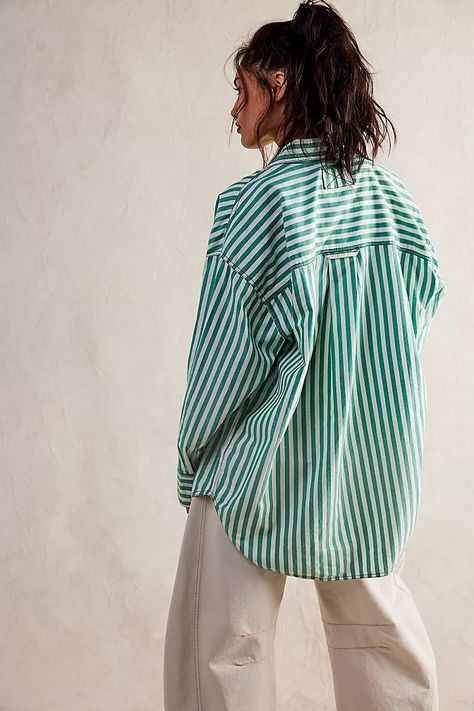 Collection: Coast To Coast | Free People Green Striped Shirt Outfit, Green Shirt Outfits, Button Down Outfit, Outfits With Striped Shirts, Oversized Shirt Outfit, Button Down Style, French Green, Free People Style, Stripe Outfits