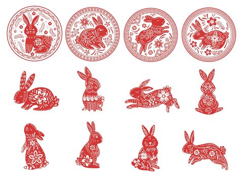 Animal With Flowers, Chinese Zodiac Tattoo, Chinese Style Illustration, Chinese Zodiac Rabbit, Zodiac Rabbit, Flowers Ornaments, Chinese Lunar New Year, Horoscope Tattoos, Chinese Illustration