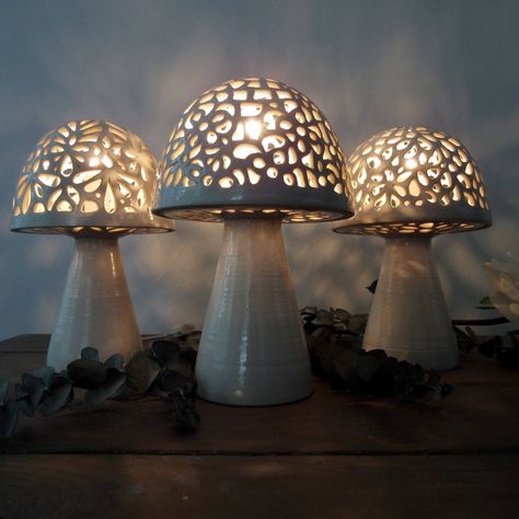 Wheel thrown and handcarved mushroom lamps. Mushroom Photo, Mushroom Lamps, Pottery Lighting, Deco Fruit, Pottery Angels, Ceramic Lantern, Pottery Lamp, Cerámica Ideas, Lampe Decoration