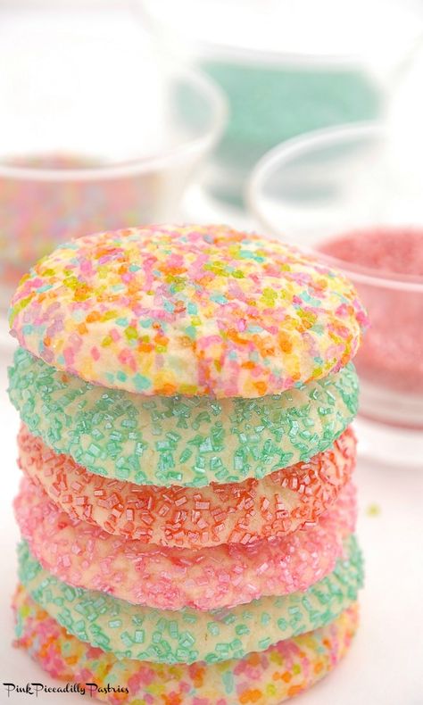 Pink Piccadilly Pastries: Sparkling Blue Ribbon Sugar Cookies Almond Sugar Cookies, Easy Sugar Cookies, Sprinkle Cookies, Almond Flavor, Drop Cookies, Just Bake, Soft Cookie, Halloween Desserts, Easy Cookie Recipes