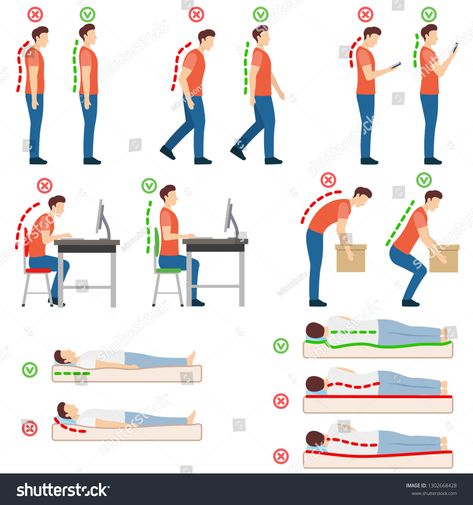 Good posture. Correct and incorrect human poses. Neutral spine. Man standing, walking, looking at a smartphone, sittin #Ad , #sponsored, #Neutral#poses#spine#standing Massage Marketing, Physical Therapy Student, Kayak Storage, Lower Back Pain Exercises, Posture Exercises, Stomach Problems, Neck And Back Pain, Body Posture, Back Pain Exercises