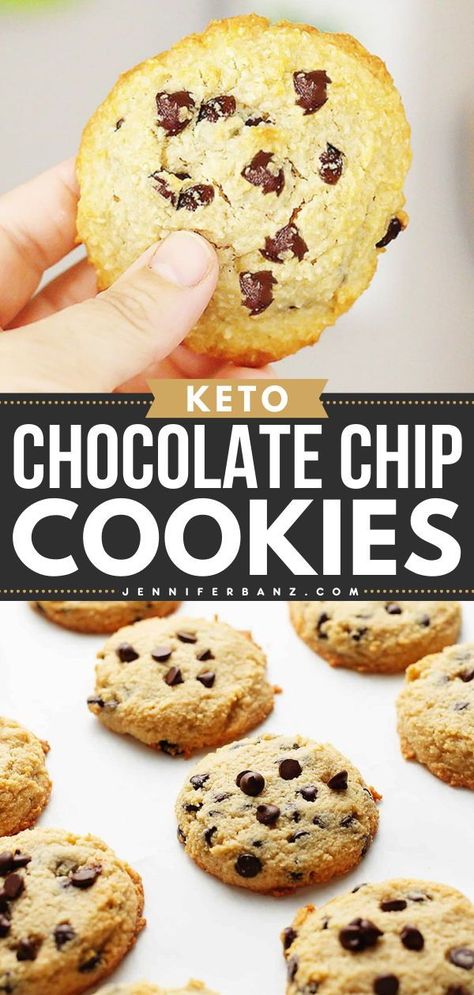 The BEST Keto Chocolate Chip Cookies! They're a simple dessert recipe using just one bowl. Chewy with soft centers, these low-carb cookies with almond flour are delicious! Plus, this easy-to-make sweet treat is gluten-free with a nut-free option! Keto Chocolate Chip Cookies Recipe, Keto Chocolate Chip Cookie Recipe, Gluten Free Easy, Keto Cookie Dough, Easy Low Carb Snacks, Keto Cookie Recipes, Healthy Chocolate Chip Cookies, Dairy Free Cookies, Sugar Free Recipes Desserts