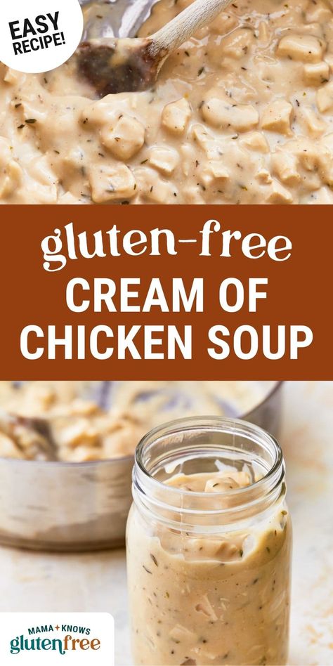 Homemade Gluten-Free Cream of Chicken Soup is a filling and delicious meal. It's also perfect to use in any recipe that calls for the canned version. The recipe also has a dairy-free option. Low Fodmap Cream Of Chicken Soup, Dairy Free Chicken And Gravy, Gf Cream Of Chicken Soup, Gluten And Dairy Free Soup Recipes, Gluten Free Cream Of Chicken Soup, Gluten Free Soups In A Crock Pot, Cream Of Soup Mix Recipe, Gluten Free Cream Of Chicken, Cream Chicken Soup