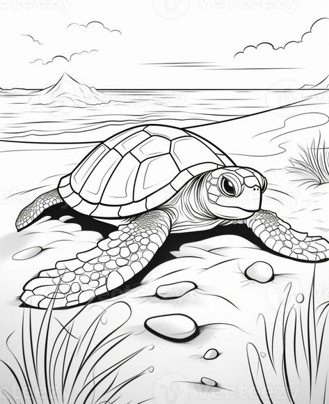 coloring pages of a turtle on the beach with rocks and grass. generative ai. Sea Turtle Line Drawing, Black And White Turtle Drawing, Sea Turtle Colouring Pages, Turtle On Beach Drawing, Sea Turtle Black And White, Beach Drawing, Doodle Art Designs, Gouache Painting, Doodle Art