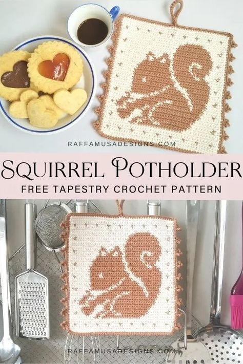 Crochet Ideas Aesthetic, Crochet Squirrel, Aesthetic Knit, Crochet Fall Decor, Crochet Pot Holders Free Pattern, Crochet Potholder Patterns, Crochet Hot Pads, Clothes Fabric, Crochet Potholders