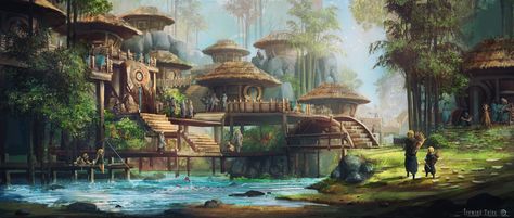 Village Concept Art, Bamboo Village, Fantasy Village, Landscape Concept, Building Art, Fantasy City, Fantasy Setting, Fantasy Places, Futuristic City