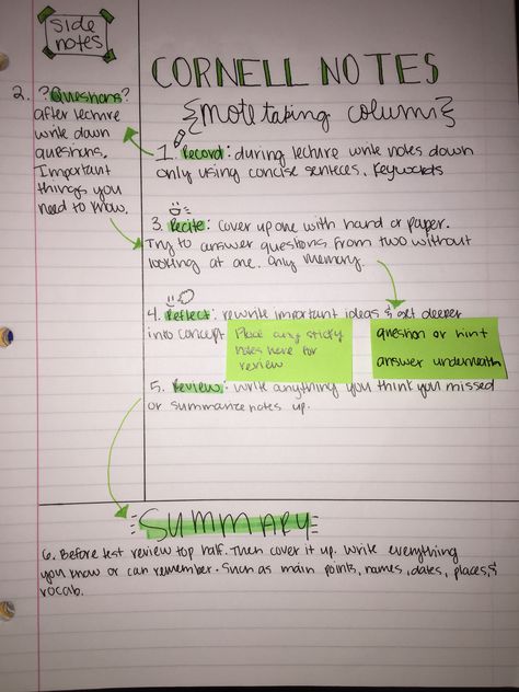 Cornell notes. Simple and clean but can be dressed up with cute doodling.💚 Notes Ideas School, Cute Cornell Notes, Aesthetic Notes Cornell, Cornell Notes Aesthetic, Types Of Notes Taking Methods, Cornell Note Taking Method, Cornell Notetaking Method, Cute Doodling, Example Of Cornell Notes