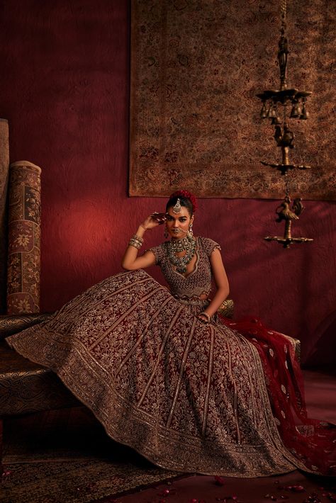 Styling&Creative Direction for Cheddha Jewels :: Behance Maroon Velvet Lehenga, Velvet Lehenga Choli, Net Veil, Jewellery Shoot, Jewellery Photography Inspiration, Velvet Lehenga, Indian Look, Bridal Poses, Bridal Elegance