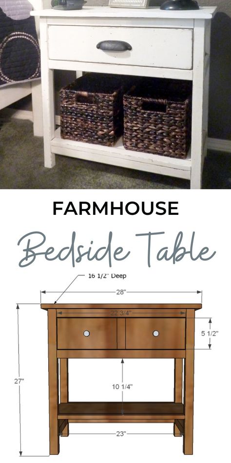 Diy Farmhouse Nightstand, Farmhouse Beds, Farmhouse Bedside Table, Bedside Table Plans, Diy Bedside Table, Nightstand Plans, Furniture Blueprints, Simple Nightstand, Farmhouse Bed