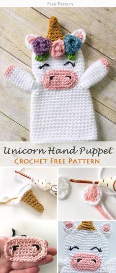 Unicorn Hand Puppet Crochet Free Pattern #freecrochetpatterns Unicorn Hand Puppet, Hand Puppet Crochet, Crochet Unicorn Pattern Free, Crochet Baby Blanket Beginner, Hand Pattern, Crochet Phone Cases, Puppet Patterns, Confection Au Crochet, Crochet Unicorn