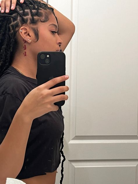 Cute Small Neck Tattoos For Black Women, 2001 Tattoo Behind Ear, 444 Tattoo Black Women, 444 Shoulder Tattoo, Behind The Ear Tattoos Black Women, Behind Ear Tattoo Stencil, Red 444 Tattoo Behind Ear, Tattoos For Behind The Ear For Women, 444 On Neck