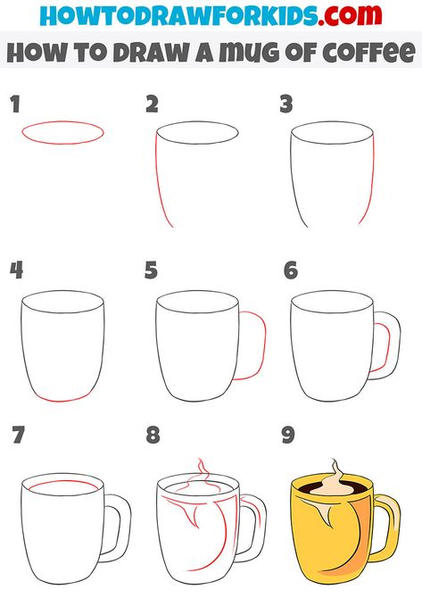 How To Draw A Mug Step By Step, Draw Coffee Mug, How To Draw A Coffee Cup Step By Step, How To Draw A Cup Of Coffee, Mug Drawing Reference, Coffee Mug Drawing Simple, Coffee Drawing Simple, How To Draw Drinks, How To Draw A Cup