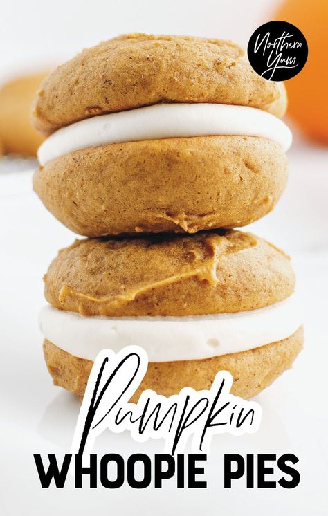 Pumpkin whoopie pies are so delicious, soft, and cake-like. The taste reminds me of pumpkin bars with cream cheese frosting—but in a sandwich cookie form. They’re the perfect dessert for a fall baby or bridal shower, or holiday party like Thanksgiving dinner Easy Pumpkin Whoopie Pies, Pies With Cream Cheese, Sweet Cream Cheese Filling, Pumpkin Whoopie Pie Recipe, Pumpkin Bars With Cream Cheese, Pumpkin Whoopie Pies, Homemade Buns, Sandwich Cookie, Chocolate Candy Recipes