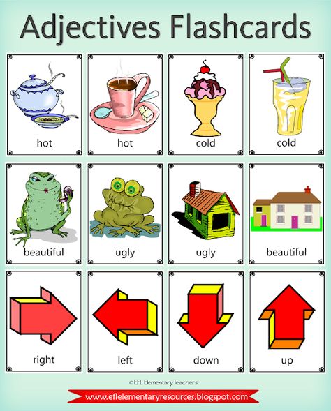 More flashcards. Elementary ESL. Ed Ing Adjectives Worksheets, Chart On Adjectives, Adjectives Poster, Types Of Adjectives Chart, Adjectives Flashcards, Esl Flashcards, Ell Resources, Learning Grammar, Learning Reading