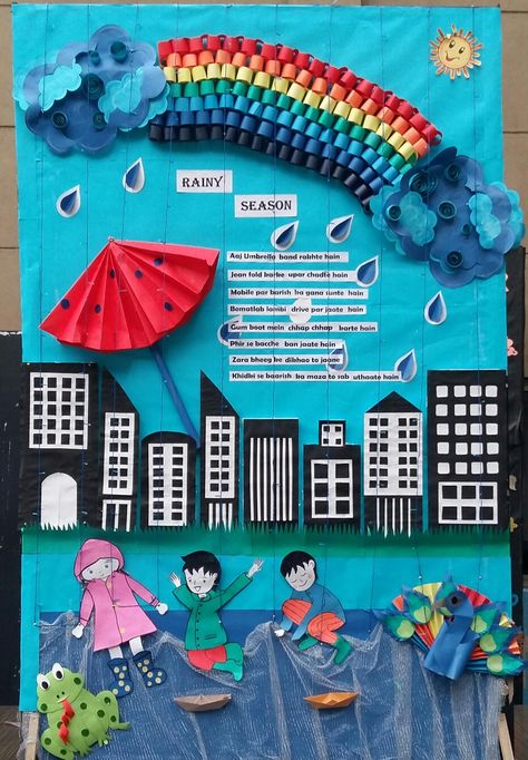 Rainy season Rainy Season Origami, Monsoon Poster Design, Rainy Season Decoration For School, Monsoon Board Decoration Ideas, Monsoon Bulletin Board Ideas, Rainy Season Bulletin Board Ideas, Rainy Season Craft For Kids, Rainy Season Board Decoration Ideas, Rainy Season Craft