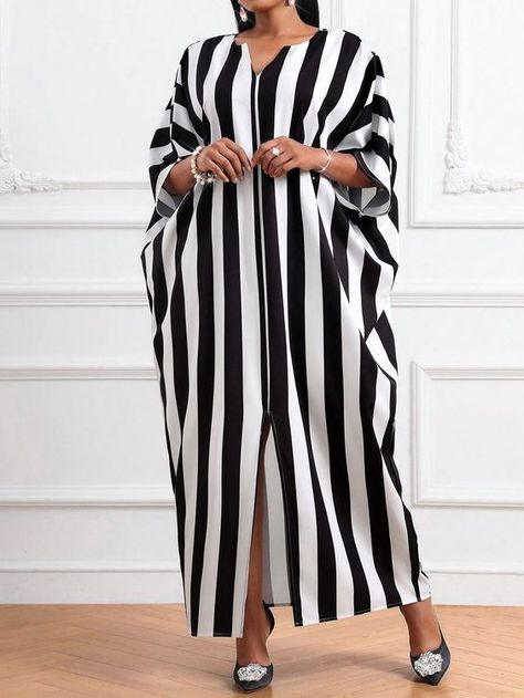 Autumn And Winter Casual Black White Woven Notched Straight One Piece Sleeve Maxi Plus Size Dresses Fall Women Dresses Robe Black and White Casual,Modest  Half Sleeve Woven Fabric Colorblock,Plain,Striped A Line Non-Stretch  Women Plus Clothing, size features are:Bust: ,Length: ,Sleeve Length: Black And White Dresses Plus Size, Straight Dresses For Women, Simple Straight Dress, Straight Dress Styles, Kaftan Styles For Ladies, Black And White Stripe Dress, Simple Long Dress, Kaftan Women, Modest Dresses For Women