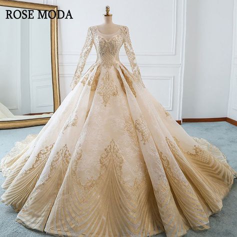 Fest Outfits, Gold Wedding Dress, Wedding Dress Champagne, 파티 드레스, Fairy Dresses, Long Sleeve Wedding Dress Lace, Sleeve Wedding Dress, Lace Wedding Dresses, Beauty Dress