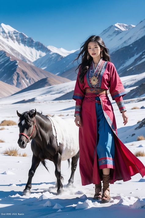 Mongolian Outfit Woman, Medieval Asian Clothing, Mongolian Fashion Traditional Dresses, Fantasy Traditional Clothing, Tibetan Dress Traditional, Traditional Mongolian Clothing, Asian Fantasy Clothing, Kazakhstan Women, China Traditional Clothes