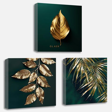 PRICES MAY VARY. [3 panels Green and Gold Plant leaves Art]-----A perfect Mid-Century modern wall decoration painting for your home, living room, office, bedroom, kitchen, apartment, corridor, restaurant, bar, etc. Unique wall art adds an elegant artistic atmosphere to you. [Product Material]-----This modern 3 pieces Abstract Gold Tropic Plant of life wall art artwork is made of professional canvas material, which is waterproof and durable, which is good for long-term collection. Images are prin Lounge Wall Decor Ideas, Emerald And Gold Home Decor, Gold And Green Bedroom, Emerald Green Living Room Decor, Green And Gold Office, Dark Green And Gold Bedroom, Green And Gold Bedroom, Emerald Green Living Room, Apartment Corridor