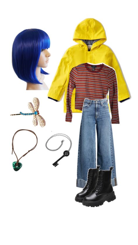 Coraline Diy Costume, Coraline Costume Ideas, Coraline Costume Diy, Diy Coraline Costume, Last Minute Diy Halloween Costumes Women, Movies Costumes Ideas, Last Minute Halloween Costumes For Women Diy, Caroline Costume, Coraline Inspired Outfit