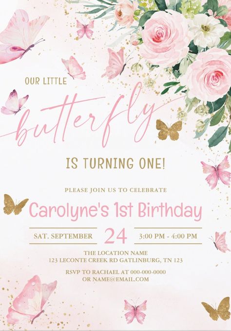 Little butterfly is turning one! Cute 1st birthday party invitations for girls featuring lovely watercolor butterflies and blush pink roses. afflink Baby Girl First Birthday Butterfly Theme, Butterfly 1st Birthday Party, Butterfly 1st Birthday, Butterfly Birthday Theme, Birthday Invitation Card Template, Watercolor Butterflies, Floral Birthday Invitations, Garden Baby Showers, 1st Birthday Party Invitations