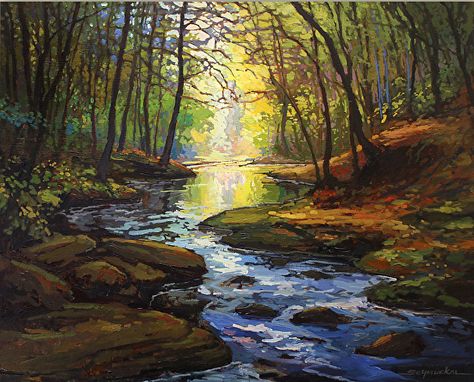 Babbling Brook by Jan Schmuckal Oil ~ 24 x 30 Babbling Brook, Caribbean Art, Watercolor Landscape Paintings, Watercolor Trees, Saint Charles, Beach Landscape, Original Landscape, Beach Painting, Watercolor Landscape