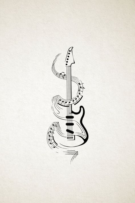 Simple, classy, fine line Tattoo. Inspired with rock 'n' roll feel. Combination of soft and bold. Music Guitar Tattoo, Music Related Tattoos, Rock And Roll Tattoo, Rock N Roll Tattoo, Music Symbol Tattoo, David Tattoo, Graphic Design Tattoos, Guitar Tattoo Design, Tattoo Ideas Males