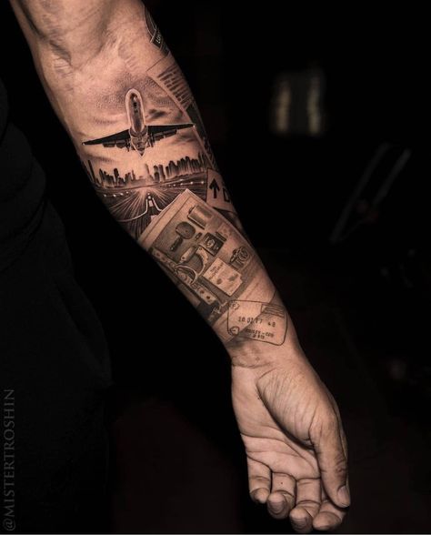 Travel Sleeve Tattoo Women, America Tattoos For Men, Dad Tattoos For Men, Travel Tattoo Sleeve, Left Arm Tattoo, Trip Tattoo, Aviation Tattoo, Pilot Tattoo, Left Arm Tattoos