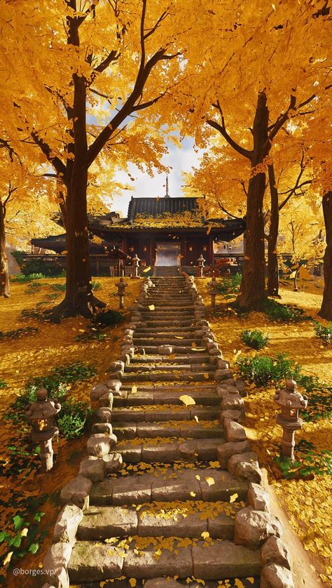 Yellow Japanese Aesthetic, Ancient Japanese Architecture, Japan Autumn, Pixel Art Landscape, Asian Aesthetic, Yellow Garden, Fall Background, Ghost Of Tsushima, Japanese Landscape