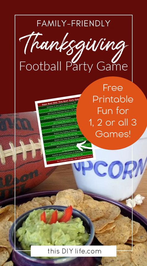 Looking for a super fun Thanksgiving football pool printable game? We've got you covered. Our printable Thanksgiving football game will make watching football enjoyable for the whole family - kids and adults! Even if they don't like football. And it's free! Chicken Kabobs In Oven, Kabobs In Oven, Baked Chicken Kabobs, Holiday Crockpot, Christmas Planning Printables, Football Party Games, Gameday Party, Superbowl Party Games, Crockpot Side Dishes