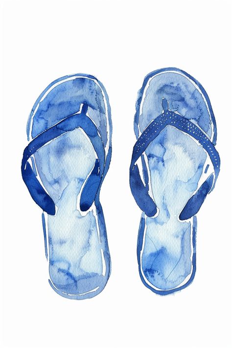 #NavyFlip-flops #WatercolorIllustration #WhiteBackground #2:3AspectRatio #TheCandie Watercolor Art Collage, Blue And White Widget Aesthetic, Flip Flop Drawing, Aesthetic Art Blue, Cute Blue Aesthetic, Coastal Illustration, Ipad Widgets, Blue Widget, Ocean Art Painting